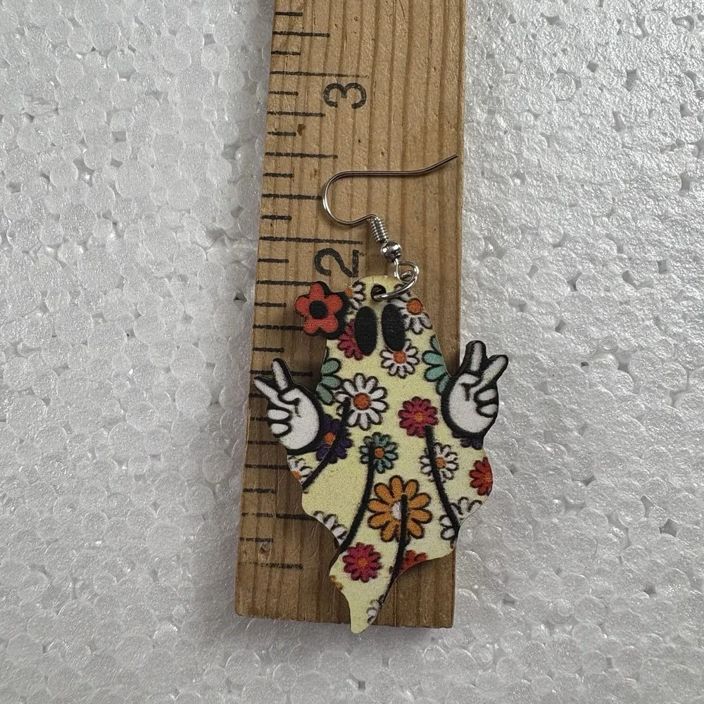 Flower Power Ghost Earrings Peace Sign‎ Wooden Dangle Boho Retro 70s Halloween